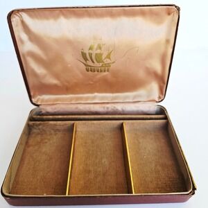 Vtg Farrington Brown Faux Leather Mens Valet Jewelry Box Nautical Ship Organizer